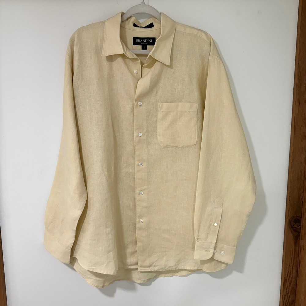 Brandini Linen Shirt Mens Large Yellow Long Sleeve Button Down Linen Coastal